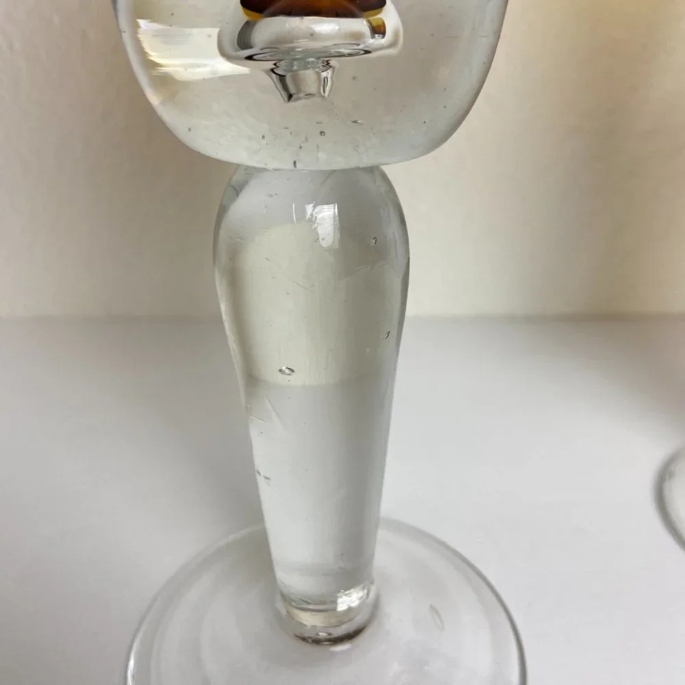 VTG 1970 Honey Amber Hand blown Stemmed Wine Goblet Glasses 9